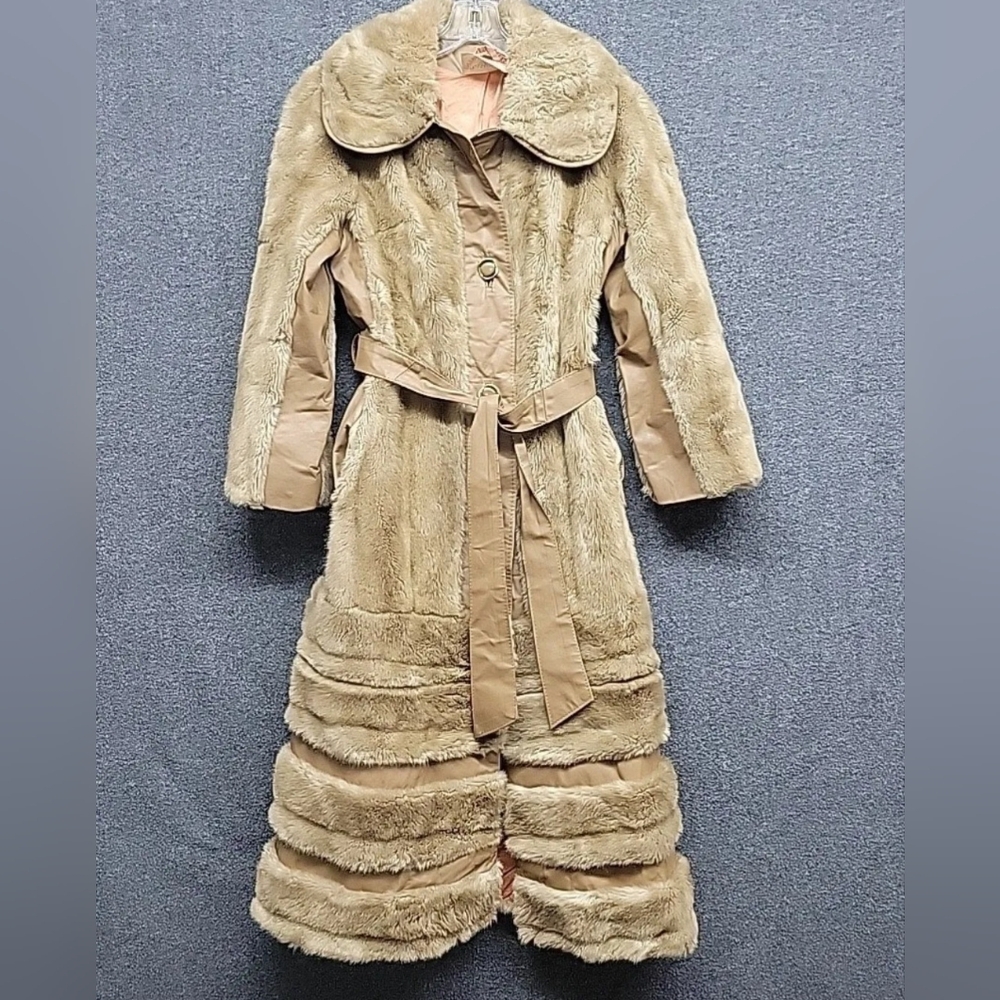 Rawley International Womens Brown Fur(37%) & Leather Coat W/Tie Belt Zip Off Hem